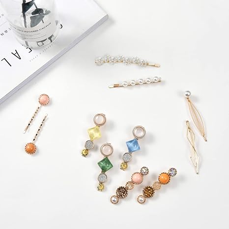 20 PCS Pearls and Acrylic Resin Hair Clips, Handmade Hair Barrettes, Marble Alligator bobby pins, Glitter Crystal Geometric Hairpin, Elegant Gold Hair Accessories, Gifts for Women Girls