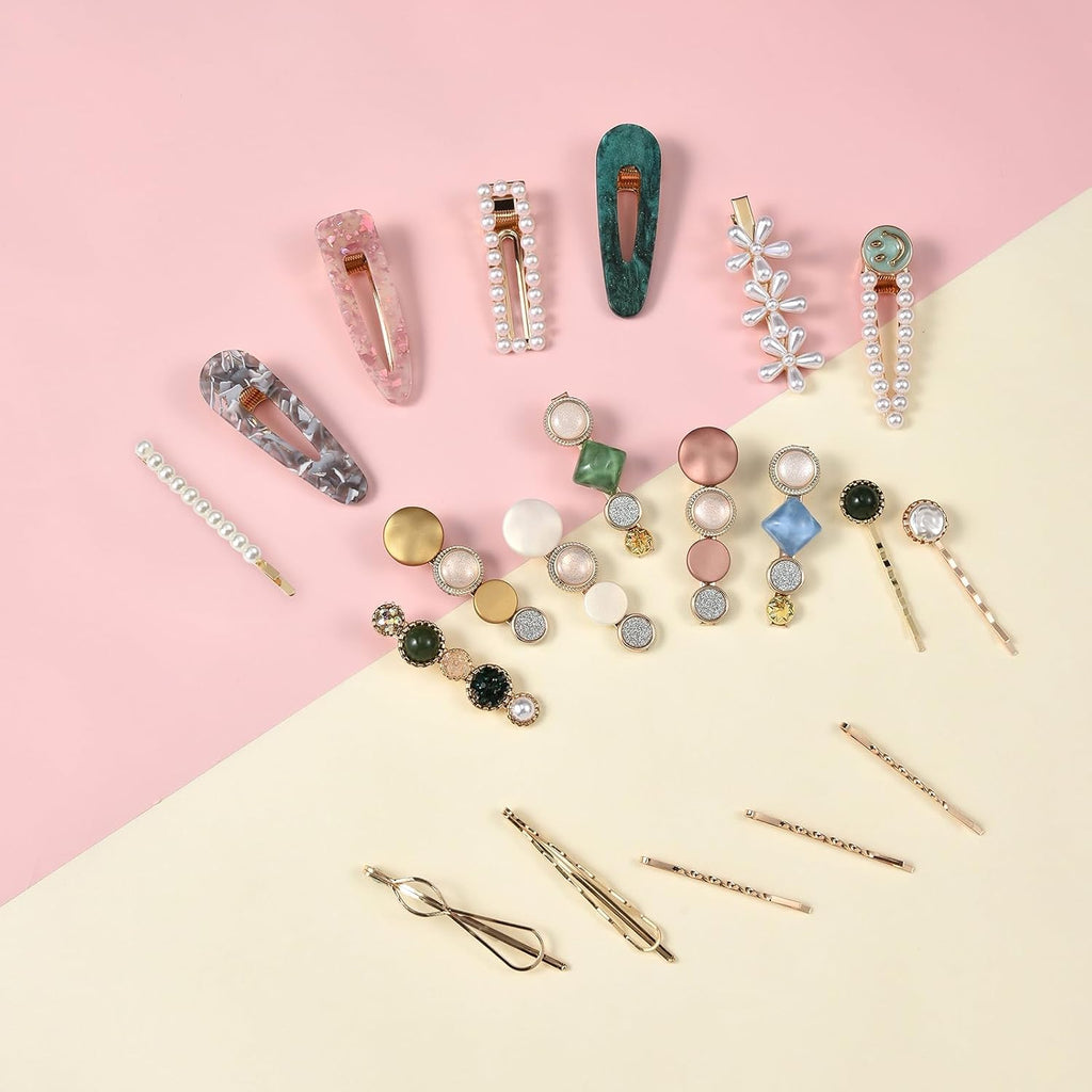 20 PCS Pearls and Acrylic Resin Hair Clips, Handmade Hair Barrettes, Marble Alligator bobby pins, Glitter Crystal Geometric Hairpin, Elegant Gold Hair Accessories, Gifts for Women Girls