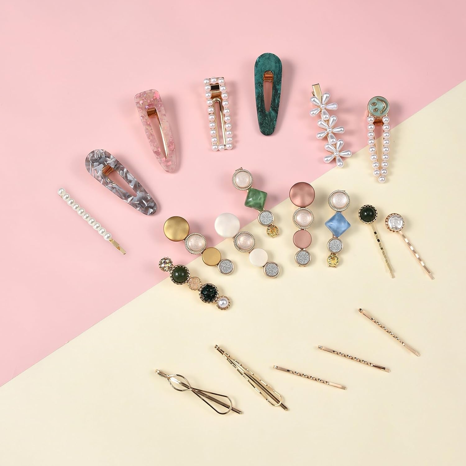 20 PCS Pearls and Acrylic Resin Hair Clips, Handmade Hair Barrettes, Marble Alligator bobby pins, Glitter Crystal Geometric Hairpin, Elegant Gold Hair Accessories, Gifts for Women Girls