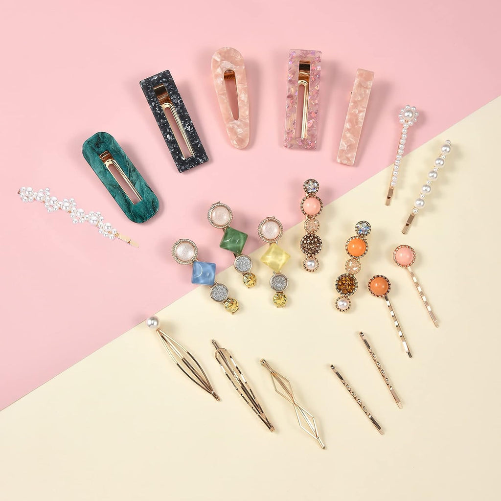 20 PCS Pearls and Acrylic Resin Hair Clips, Handmade Hair Barrettes, Marble Alligator bobby pins, Glitter Crystal Geometric Hairpin, Elegant Gold Hair Accessories, Gifts for Women Girls