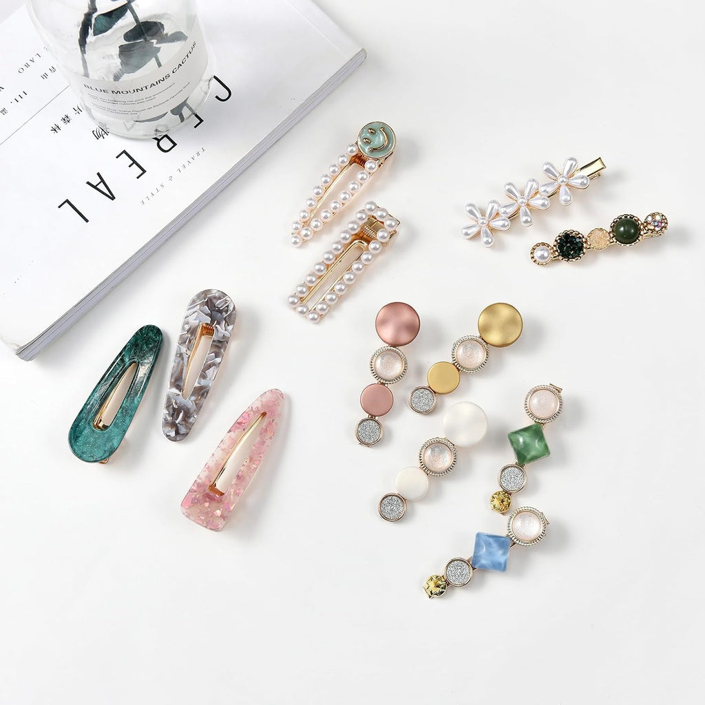 20 PCS Pearls and Acrylic Resin Hair Clips, Handmade Hair Barrettes, Marble Alligator bobby pins, Glitter Crystal Geometric Hairpin, Elegant Gold Hair Accessories, Gifts for Women Girls