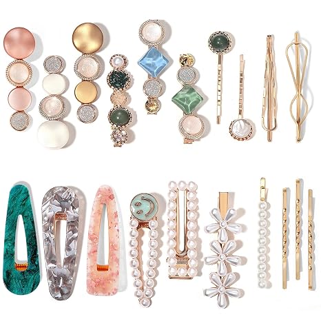 20 PCS Pearls and Acrylic Resin Hair Clips, Handmade Hair Barrettes, Marble Alligator bobby pins, Glitter Crystal Geometric Hairpin, Elegant Gold Hair Accessories, Gifts for Women Girls