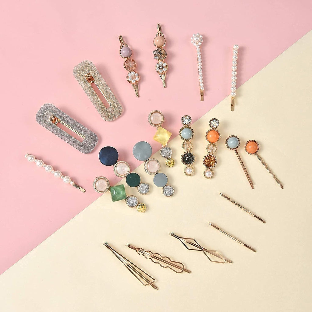 20 PCS Macaron Pearls and Acrylic Resin Hair Clips, Handmade Cute Hair Barrettes Bobby Pins, Glitter Crystal Geometric Hairpin, Elegant Gold Hair Accessories, Gifts for Women Girls