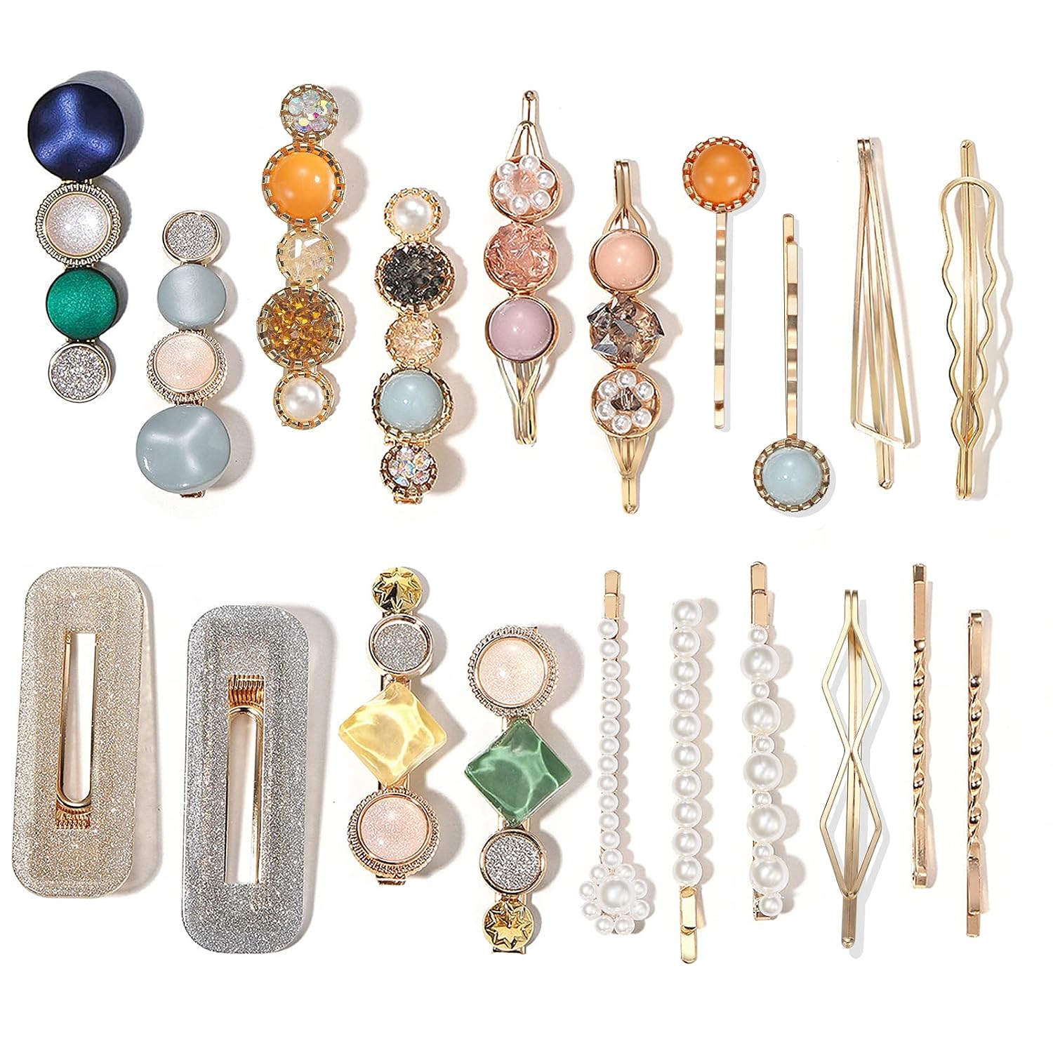 20 PCS Macaron Pearls and Acrylic Resin Hair Clips, Handmade Cute Hair Barrettes Bobby Pins, Glitter Crystal Geometric Hairpin, Elegant Gold Hair Accessories, Gifts for Women Girls