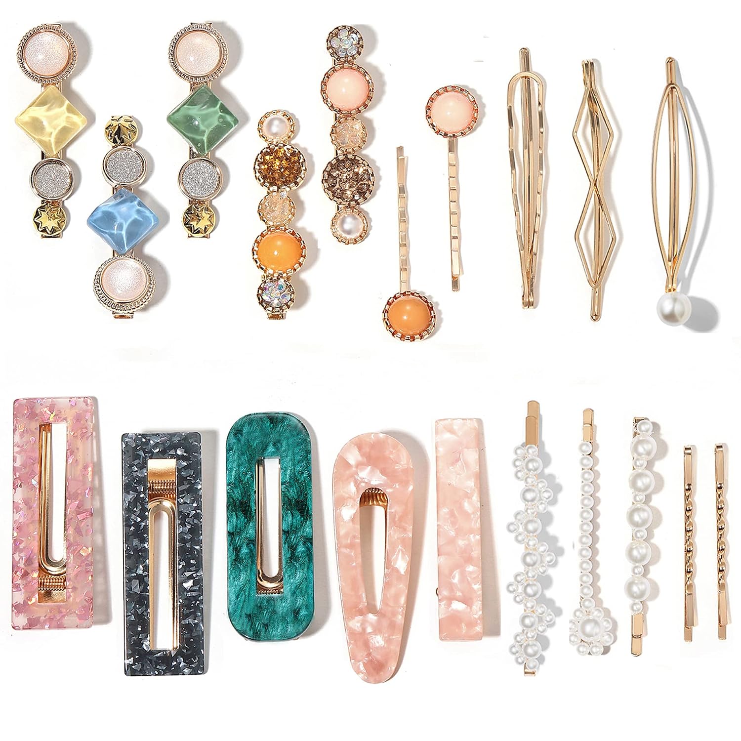 20 PCS Pearls and Acrylic Resin Hair Clips, Handmade Hair Barrettes, Marble Alligator bobby pins, Glitter Crystal Geometric Hairpin, Elegant Gold Hair Accessories, Gifts for Women Girls